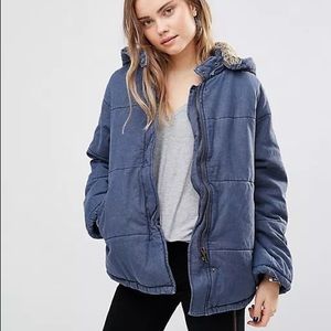 Free People Denim Quilted Fur Lined Jacket